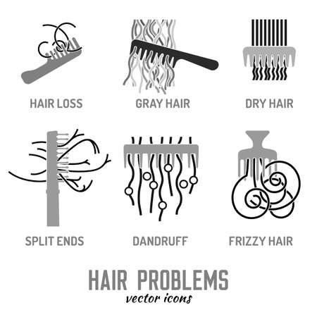 Hair problems collection. Vector illustration in flat style isolated on a white background. Beauty, dermatology and health care concept in monochrome colors.のイラスト素材