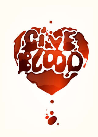 Give blood vertical poster. Life saving concept. June 14 - World blood donor day. Vector illustration in red color with a hematic spot in a shape of heart and liquid lettering on a white background.のイラスト素材