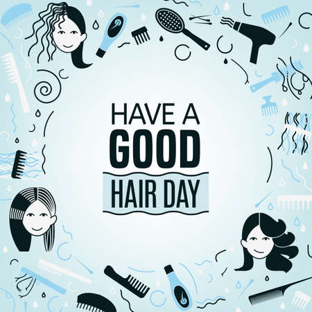 Have a good hair day. Square poster with woman faces in light blue and grey colors. Editable vector illustration. Beauty, fashion and lifestyle creative concept.のイラスト素材