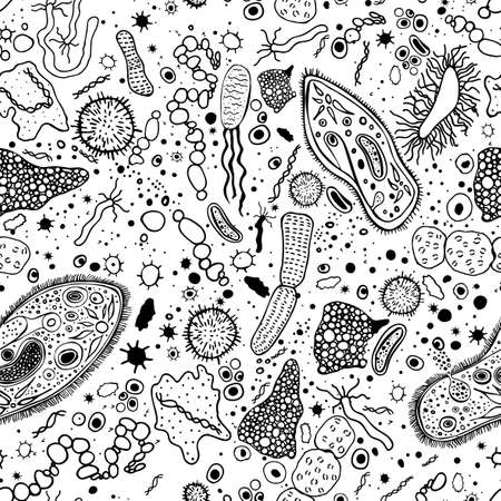 Seamless one color pattern with bacterias and infusorias. Editable vector illustration in unique hand-drawn style. Biological creative background.のイラスト素材