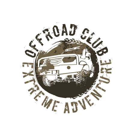 Extreme competition emblem. Off-roading suv adventure and car event design elements. Beautiful vector illustration in brown colors isolated on a textured background.のイラスト素材