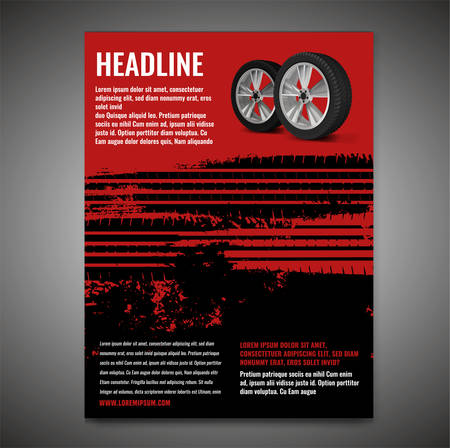 Vector automotive banner template. Grunge tire tracks background for landscape poster, digital banner, flyer, booklet, brochure and web design. Editable graphic image in black and red colorsのイラスト素材
