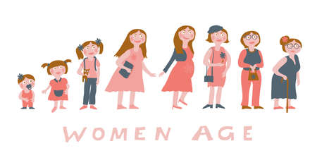 Set of female characters in naive flat style. Funny characters. Cycle of life concept with woman growing up from infant to grandmother. Editable vector illustration in natural colorsのイラスト素材