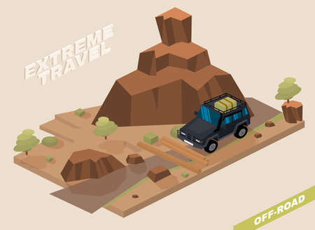 Off road vehicle with roof rack driving through the mountains. Extreme travel concept in natural colors. Editable vector illustration in 3D isometric style.のイラスト素材
