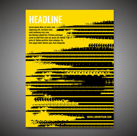 Vector automotive banner template. Grunge tire tracks background for landscape poster, digital banner, flyer, booklet, brochure and web design. Editable graphic image in black and yellow colorsのイラスト素材