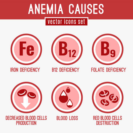 Anemia causes icons set. Medical and healtcare concept in red, white and pink colors. Editable vector illustration in modern style.のイラスト素材