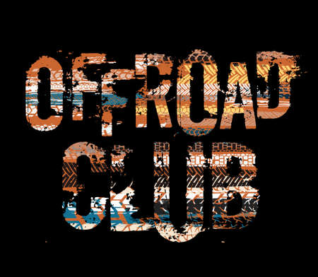 Off-Road grunge tyre lettering. Stamp tire word made from unique letters.  Vector illustration useful for poster, print, leaflet design. Editable graphic textured element in bright colors.のイラスト素材