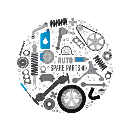 Spare parts, expertise and service poster. Creative background useful for print, leaflet or brochure design. Editable vector illustration an grey, black and blue colors.のイラスト素材