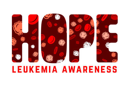 Leukemia horizontal poster in bright colors. White and red blood cells in flat style an a HOPE word. Leukaemia disease awareness. Editable vector illustration. Medical, scientific, healthcare concept.のイラスト素材
