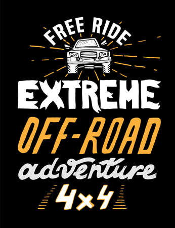 Extreme off-road adventure. Vintage style. Unique hand drawn lettering. Vertical vector illustration in white, yellow and black colours useful for retro poster, print and apparel design.のイラスト素材