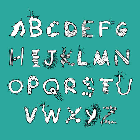 Biological bacteria font with microbes and germs. Unique hand drawn type face for microbiology design. Editable vector illustration in black and white colors on green background. Capital letters.のイラスト素材