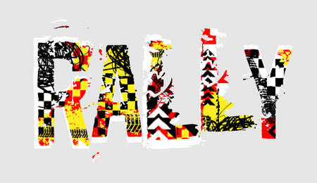 Off-Road speed racing. Unique grunge lettering on a light grey background. Creative rally headline. Beautiful vector illustration. Editable graphic element in black, yellow, white and red colors.のイラスト素材