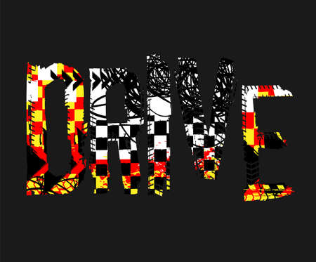 Off-Road speed racing. Unique grunge lettering on a dark grey background. Creative drive headline. Beautiful vector illustration. Editable graphic element in black, yellow, white and red colors.のイラスト素材