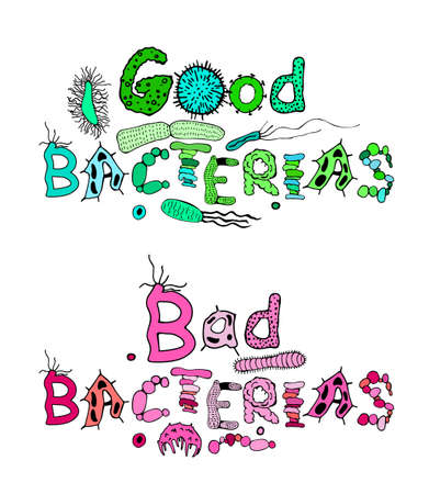 Good and bad bacterias lettering. Medical bacteriology heading in luminescent colors. Microbiological hand drawn lettering. Vector illustration on white background. Scientific, biological design.のイラスト素材
