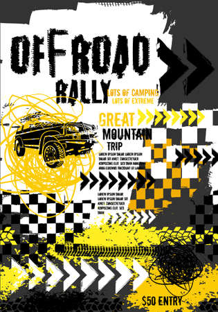 Off-road event portrait poster. Vector illustration in grunge style with hand drawn lettering. Portrait layout in black, yellow, white colours useful for placard or print design. Automotive concept.のイラスト素材