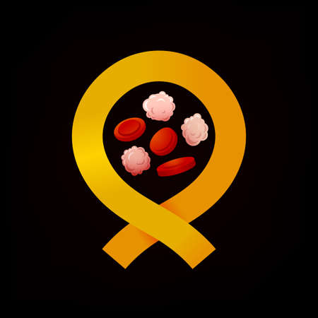 Leukemia icon. Orange ribbon and blood cells in modern style isolated on black background. Leukaemia disease awareness symbol. Editable vector illustration. Medical, scientific and healthcare concept.のイラスト素材