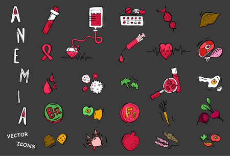 Creative anemia icons in doodle style. Hand drawn vector illustration in bright colors isolated on dark grey background. Medical, healthcare and educational concept. Artistic pictograms set.のイラスト素材