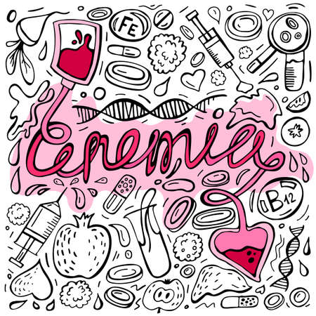 Creative anemia background with lettering in doodle style. Hand drawn vector illustration in black and pink colors isolated on white background. Medical, healthcare and educational concept.のイラスト素材