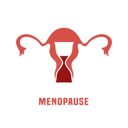 Menopause vector icon with uterus and sand clock image. Editable illustration in pink and red colors isolated on a white background. Medical, healthcare and feminine concept.のイラスト素材