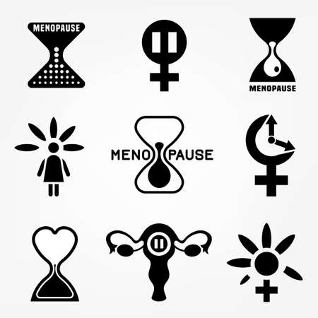 Menopause vector icons set. Editable illustration in black color isolated on a white background. Medical, healthcare and feminine concept. Female health awareness sign collection.のイラスト素材