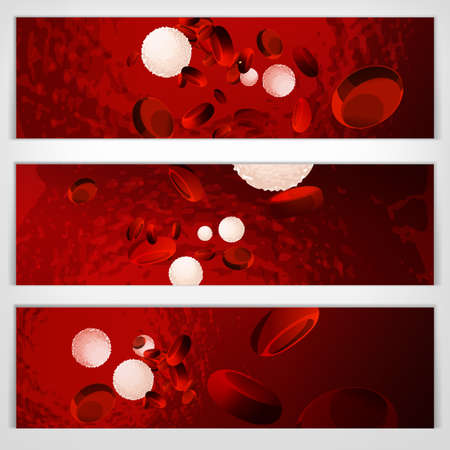Red and white blood cells isolated on a deep red background inside human vein. Medical banners set. Medicine and healthcare template. Editable vector illustration in bright colors.  Scientific conceptのイラスト素材