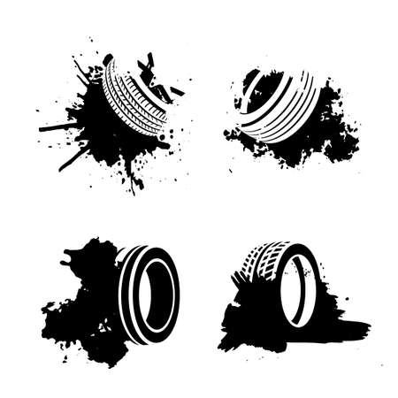 Grunge tire elements. Banners useful for leaflet, flyer, brochure, poster design. Off-road background. Graphic vector illustration. Editable tyre image in black colour isolated on white background.のイラスト素材
