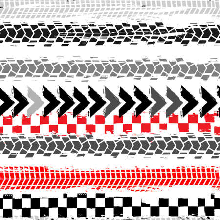 Automobile and motorcycle tire tracks seamless pattern. Grunge automotive addon useful for poster, print, brochure and leaflet background design. Editable vector illustration in grey and red colors.のイラスト素材