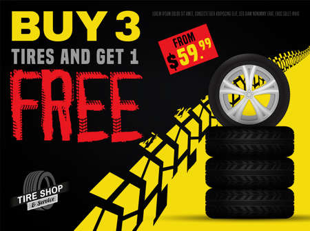 Vector automotive sale out banner template. Grunge tire tracks background for landscape poster, digital banner, flyer, booklet, leaflet design. Editable graphic image in black, yellow and red colorsのイラスト素材