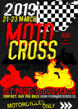 Off-road motorcycle event portrait poster. Editable vector illustration in grunge style. Portrait layout in black, yellow, red colors useful for placard, poster or print design. Automotive concept.のイラスト素材