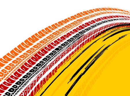 Vector automotive banner template. Grunge tire tracks backgrounds for landscape poster, digital banner, flyer, booklet, brochure, web design. Editable graphic image in red, orange, black, white colorsのイラスト素材