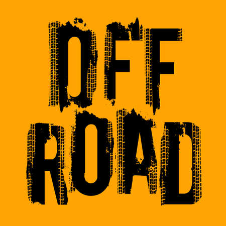 Off-Road hand drawn grunge lettering. Tire track words made from unique letters. Beautiful vector illustration. Editable graphic element in black color isolated on orange background.のイラスト素材