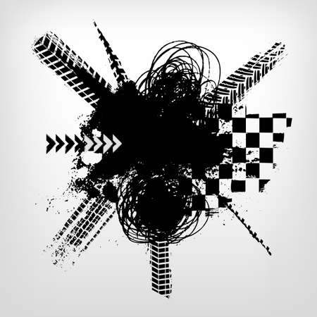 Tire Tracks Print Texture. Automotive grunge banner. Off-road background. Graphic vector illustration. Editable graphic image in black colour isolated on a light grey background.のイラスト素材