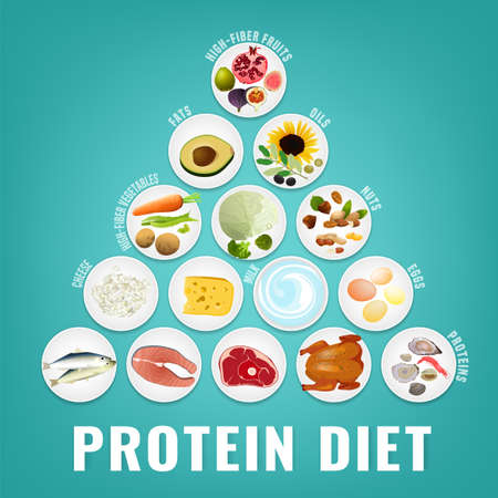 High protein diet vertical poster. Colourful vector illustration with different food types isolated on a light blue background. Healthy eating concept. Healthcare infographicのイラスト素材