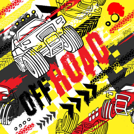 Automobile offroad seamless pattern. Grunge automotive addon useful for poster, print, flyer, brochure and leaflet background design. Editable vector illustration in bright colors.のイラスト素材