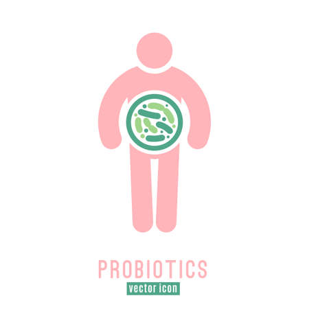Lactobacillus Probiotics Icon. Normal gram-positive anaerobic microflora sign. Editable vector illustration in light pink, green colors. Modern style. Medical, healthcare and scientific concept.のイラスト素材