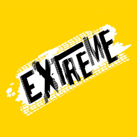 Off-Road extreme hand drawn grunge lettering. Tire tracks word made from unique letters. Beautiful vector illustration. Editable graphic element in yellow, white and black colours.のイラスト素材