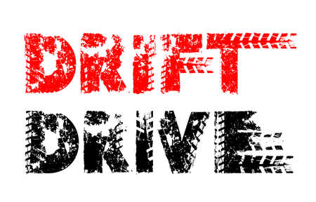 Off-Road hand drawn grunge drive and drift lettering. Tire tracks words made from unique letters. Beautiful vector illustration. Editable graphic element in red, black colours.のイラスト素材