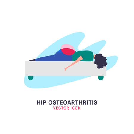 Hip osteoarthritis icon in modern vanguard simplistic style. Hip bones injury. Broken bone sign. Editable vector illustration in bright green, blue, pink colors. Medical, healthcare concept.のイラスト素材