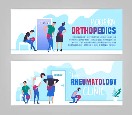 Osteoarthritis illustration in modern vanguard simplistic style. Hip and knee bones injury. Orthopedic clinic. Editable vector in bright green, blue, pink colors. Medical, healthcare, science concept.のイラスト素材