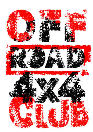 Offroad extreme club. Hand drawn grunge lettering. Dust words, unique letters. Vector illustration. Editable graphic element in black, red color isolated on white background. Vertical posterのイラスト素材