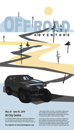 Off-road car banner. Off-roading SUV adventure, extreme competition leaflet and car club...