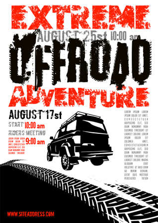 Motorsport event poster. Extreme off-road adventure. Grunge style. Vertical vector illustration with unique lettering in white, red and black colors useful for advert, print, flayer design.のイラスト素材