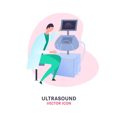 Flat ultrasound image in modern vanguard simplistic style. Prenatal clinic equipment. Scan technology. Medical examination. Editable vector illustration in vibrant colors. Medical, healthcare conceptのイラスト素材
