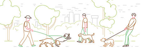 Walking the dog in a park. Aggressive reaction. Doggy behavior image. Pulling a leash. Domestic animal or pet body language. Editable vector illustration in a simple style isolated on white backgroundのイラスト素材