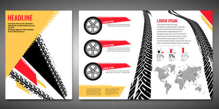 Vector automotive brochure template. Grunge tire tracks backgrounds for portrait poster, digital banner, flyer, booklet, leaflet, web design. Editable graphic image in black, red, yellow colorsのイラスト素材