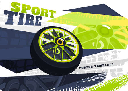 Vector automotive brochure cover template. Grunge tire tracks backgrounds for landscape poster, digital banner, flyer, booklet, banner, web design. Editable graphic image in black, green, grey colorsのイラスト素材