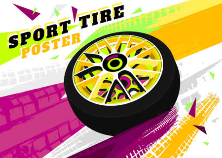 Vector automotive brochure cover template. Modern tire background for landscape poster, digital banner, flyer, print, commercial and web design. Editable graphic image in green, yellow, magenta colorsのイラスト素材