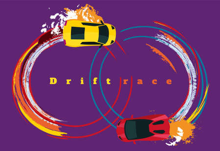 Drifting car top view. Beautiful editable vector illustration in unique style. Automotive isolated image in violet, blue, red, yellow colors useful for poster, banner, print and leaflet graphic designのイラスト素材