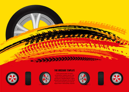 Vector automotive banners template. Grunge tire tracks backgrounds for landscape poster, digital banner, flyer, booklet, brochure and web design. Editable graphic image in black, yellow, red colorsのイラスト素材