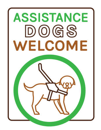 Guide dogs welcome sign. Support, assistance animal. Physically handicapped people. Simple icon, symbol, pictogram. Vector illustration in green and brown colors isolated on white background.のイラスト素材